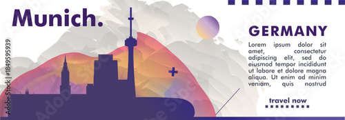 Munich, Germany city banner with skyline, cityscape, landmarks. Horizontal travel vector illustration layout for website, page, presentation, header, footer