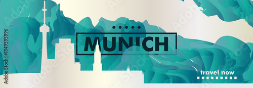 Munich, Germany city banner with skyline, cityscape, landmarks. Horizontal travel vector illustration layout for website, page, presentation, header, footer