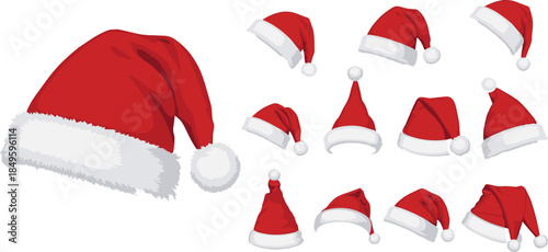 Santa hat collection set, red christmas hats variations, festive winter holiday accessories illustration isolated on transparent background vector design