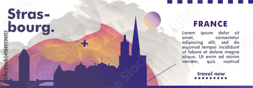 France, Strasbourg city banner with skyline, cityscape, landmarks. Horizontal travel vector illustration layout for website, page, presentation, header, footer