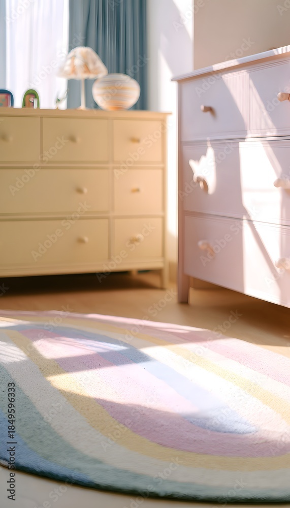 Fototapeta premium Cozy children’s room bathed in sunlight a playful rainbow rug enhances soft textures