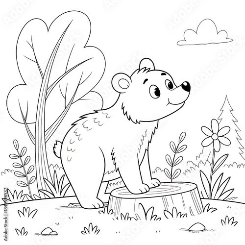 Cute cartoon bear cub standing on a tree stump in the forest, coloring book page for kids.