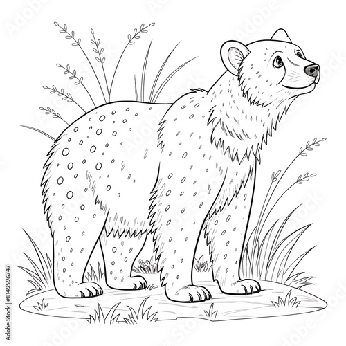 Happy grizzly bear standing in a grassy field, coloring book page for children.
