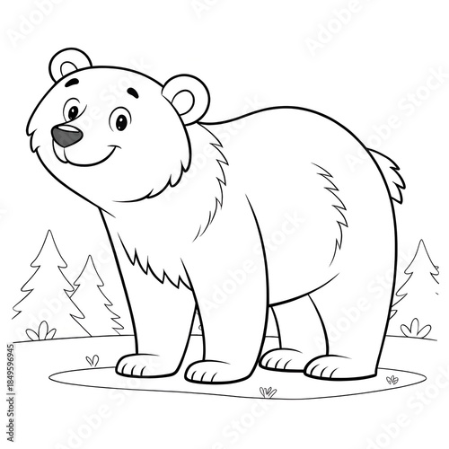 Happy cartoon bear standing in a forest clearing, coloring book page for children.