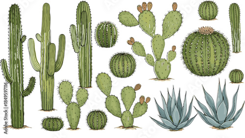 Hand drawn cactus vector set featuring saguaro, prickly pear, agave, and barrel cactus plants for desert landscape, botanical, and nature themed designs.