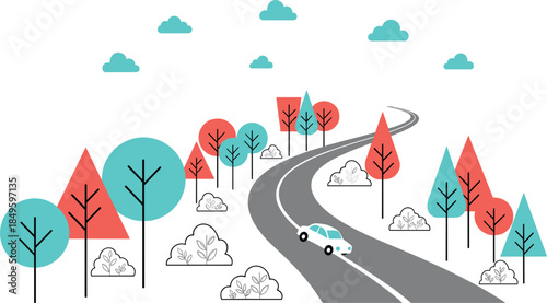 Minimalist vector illustration of a car driving on a winding road through a stylized forest with geometric trees and clouds for travel concepts.