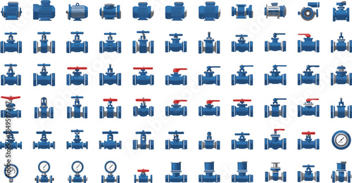 Large collection of industrial plumbing valve icons featuring blue pipe fittings, water control ball valves, pressure gauges, and hardware components for professional engineering systems.