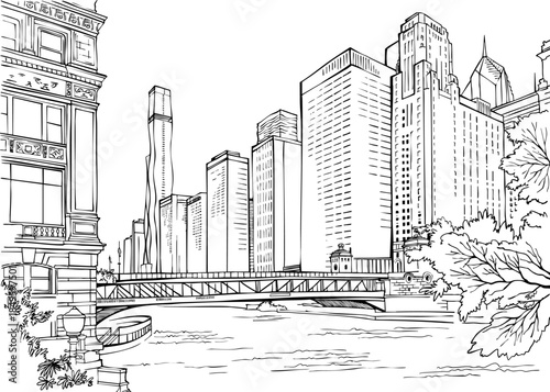 Nice view of Chicago. USA. Chicago river. Bridge. Urban sketch. Hand drawn urban landscape. Line Art. Ink Drawing. Vector illustration. Postcard style.