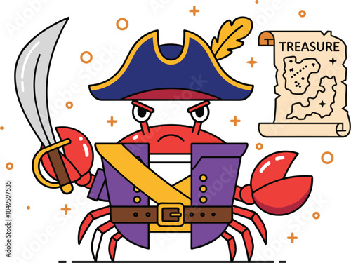 Cute cartoon pirate crab vector illustration wearing a captain hat and jacket holding a sword next to a treasure map.