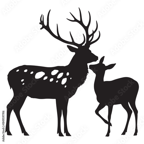 Deer and fawn in tender moment with large antlers