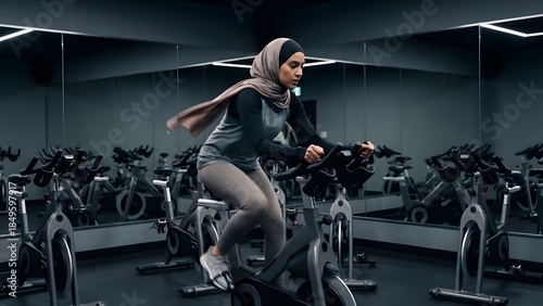 Woman Exercising on Stationary Bike in Gym.