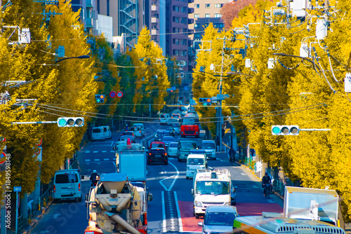 A cityscape of traffic jam at the yellow gingko street in Tokyo telephoto shot