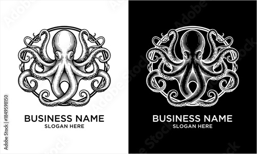 Detailed Octopus Logo Design with Ornate Tentacles and Circular Frame.