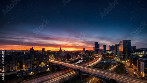 Cityscape Highway Interchange at Dusk with City Skyline.