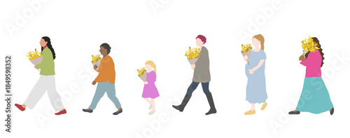 国際女性デーのイラスト｜多様な女性と女の子がミモザを持って歩く人物セット