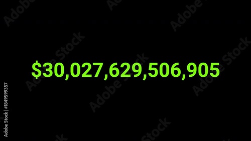 Digital GDP counter showing growth from twenty eight trillion to thirty two trillion dollars black background representing national economic expansion financial performance market scale data analysis