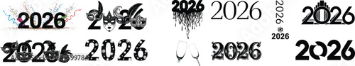 2026 New Year Typography Collection with Masquerade Masks and Party Elements