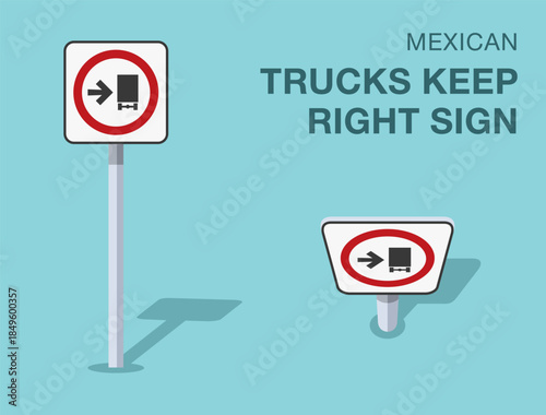 Traffic regulation rules. Isolated mexican "trucks keep right" road sign. Front and top view. Flat vector illustration template.