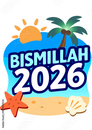New year motivation, Islamic motivation, Vibrant beach scene with sun, palm tree, starfish, and seashell, ideal for travel and seasonal promotional content.