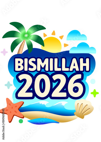 New year motivation, Islamic motivation, Vibrant beach scene with sunset, palm trees, and waves, suitable for travel and holiday-themed content.