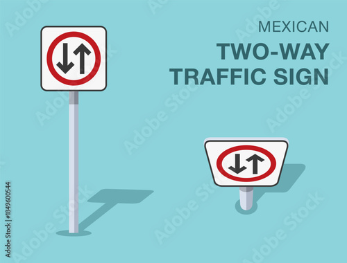 Traffic regulation rules. Isolated mexican "two-way traffic" road sign. Front and top view. Flat vector illustration template.
