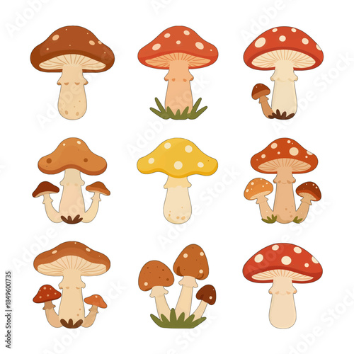 Cute Cartoon Mushrooms Flat Design Illustration