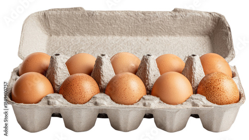 Open cardboard egg carton with fresh brown eggs isolated on black background