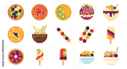 Delicious and colorful fruit desserts, tarts, skewers, and popsicles.