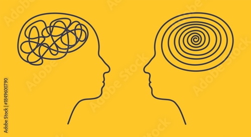 Brain chaos visualization for psychology and therapy topics. Mental disorder concept with messy tangled lines representing stress, anxiety, and the journey toward calm through professional help.