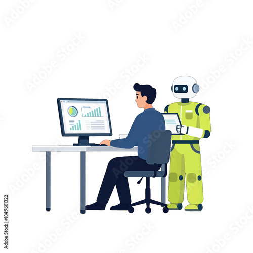 Humanoid Robot and Man Working on Computer