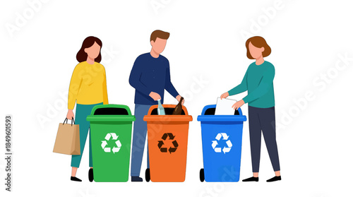 People Recycling Waste Using Colorful Bins Flat Design Illustration