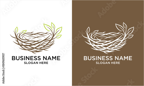 Empty bird nest with delicate branches and green leaves.