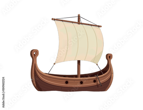 Viking Ship Illustration with Sail and Carvings
