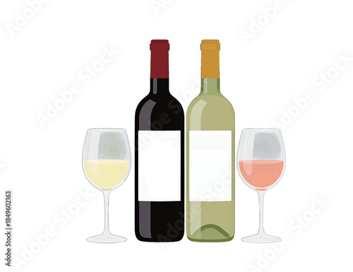 Wine Bottles and Glasses Flat Design Illustration