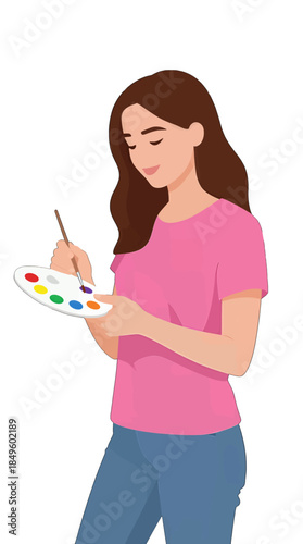 Young Woman Painting with Color Palette Illustration