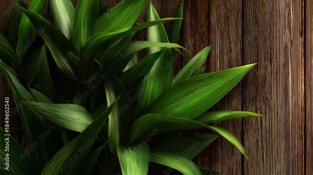 Obraz premium Lush green foliage contrasts beautifully against a richly textured wooden backdrop