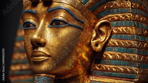 Image of the face of an Egyptian sarcophagus, very bright, detailed, looking to one side, against a black background