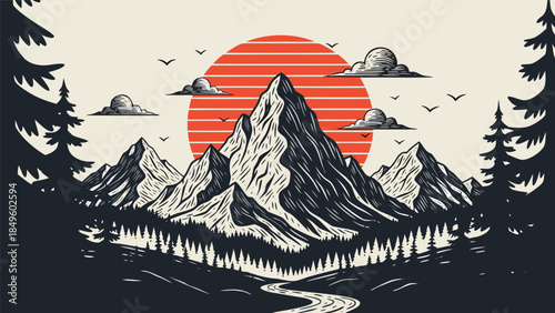 Vintage hand-drawn mountain range with a radiant red sun over a dense pine forest and winding river, perfect for outdoor adventure and travel themes