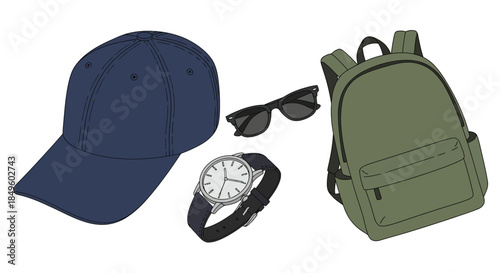 Collection of essential travel and outdoor accessories.