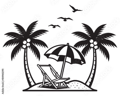 Vector illustration of a tropical paradise beach landscape featuring palm tree silhouettes against a summer sunset over the ocean with a ship on the horizon and sand near the sea water