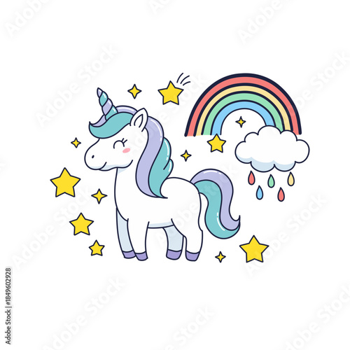 Magical unicorn standing under colorful rainbow with stars