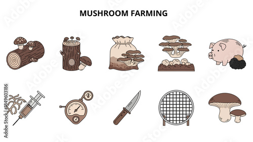 Ten illustrations related to mushroom farming featuring fungi logs tools and a pig