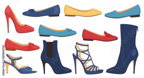 Collection of fashionable womens footwear in various styles and colors.