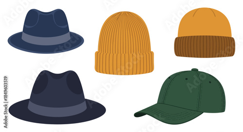 Collection of Five Different Hats for Various Occasions.