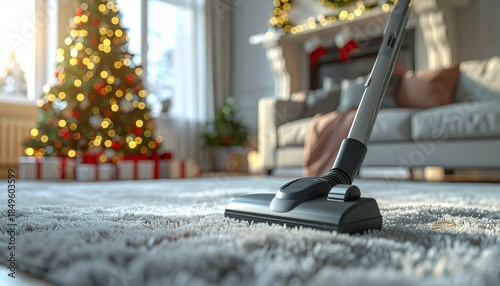 Wallpaper Mural Holiday cleaning floor with vacuum. carpeted floor cleaning in living room in the Christmas season Torontodigital.ca