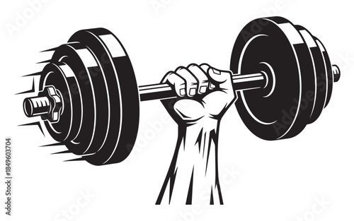 Hand gripping barbell with weights on white background isolated