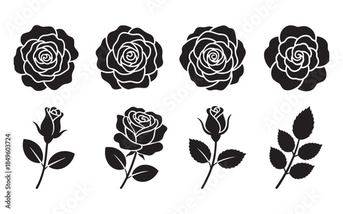 Set of black rose silhouettes on white background isolated