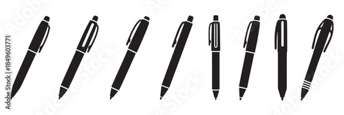 Collection of black pens on white background isolated