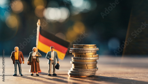 Spielzeugfiguren symbolisieren ältere Menschen. Deutsche Flagge und Münzen im Hintergrund als Symbol für die Rente in Deutschland