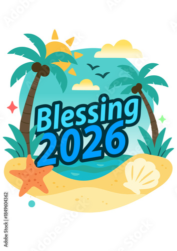 New year motivation, 2026 motivation, Vibrant tropical beach scene with palm trees, sand, and sky, ideal for travel or celebration promotions.